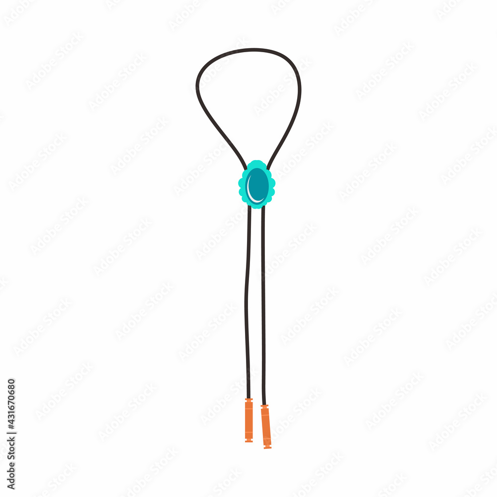 Cowboy bolo tie flat cartoon icon design element. Male fashion accessory isolated on white background. Bolo tie with decorative metal tips. Fashionable stuff. Vector illustration Cowboy bolo tie flat cartoon icon design element. Male fashion accessory isolated on white background. Bolo tie with decorative metal tips. Fashionable stuff. Vector illustration