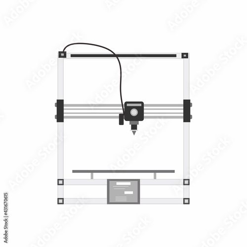 A cartesian 3D-printer flat icon. Technology manufacturing and prototype. Industrial 3D printer in cartoon style. Futuristic technology concept. Vector illustration isolated on white background