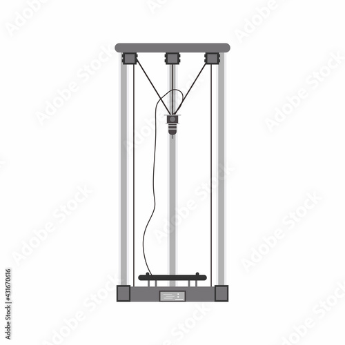 Vector flat Delta 3D Printer Assembly icon. Modern printer in cartoon design element isolated on white background. Additive manufacturing and robotic automation technology. Vector illustration