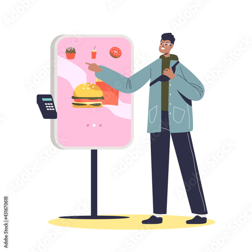 Man using self ordering service in fastfood cafe. Kiosk for buying and paying for food in terminal