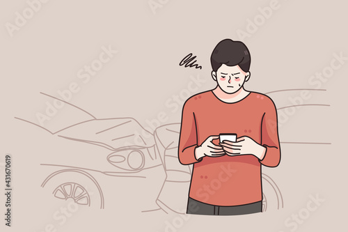 Car accident and insurance concept. Irritated stressed man cartoon character standing calling insurance company after car accident crash outdoors vector illustration 