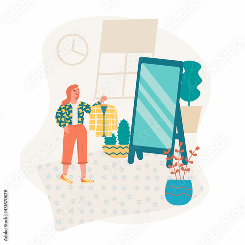 Beautiful woman standing front of mirror and trying to choose outfit. Girl choosing trendy clothing, shoes, accessories. Colorful swap party concept. Cartoon vector illustration in flat style.