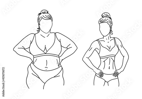 Fat and slim woman or girl. Before and after weight loss. Diet, exercises, healthy lifestyle concept. Hand drawn sketch. Vector illustration.
