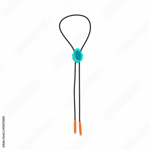 Cowboy bolo tie flat cartoon icon design element. Male fashion accessory isolated on white background. Bolo tie with decorative metal tips. Fashionable stuff. Vector illustration