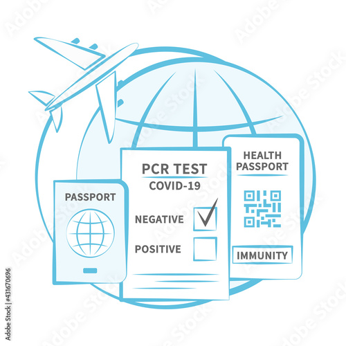 Foreign passport, negative PCR test for coronavirus, digital immune passport for flight  for travelers against the background of a globe and an airplane . New normal after COVID-19 pandemic. Vector il