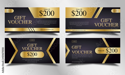 Gold luxury vouchers gift template set, coupon designs, certificates, ticket templates, ready to edit and use.