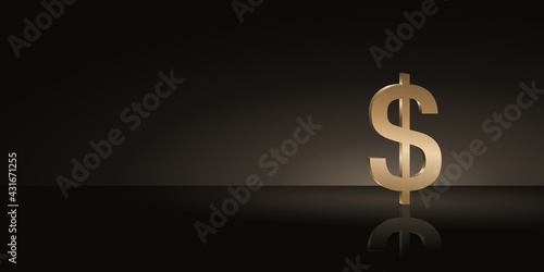 Gold dollar sign, 3D gold dollar symbol with blank space for text and black background, 3D rendering