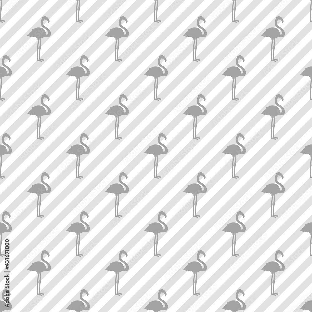 Seamless striped pattern with flamingos. Silhouettes of abstract birds. Abstract line texture. Black and white illustration
