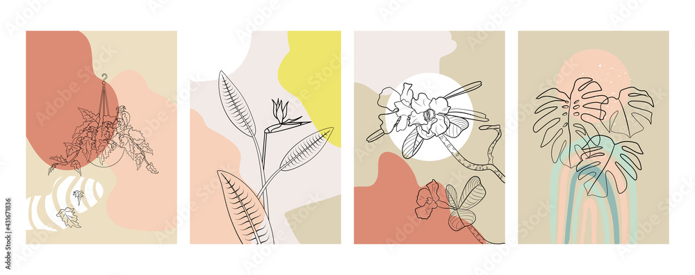 Fototapeta Boho style prints set with line art tropical plant and fluid abstract shapes on background. Pastel neutral colors. Stock vector illustration.