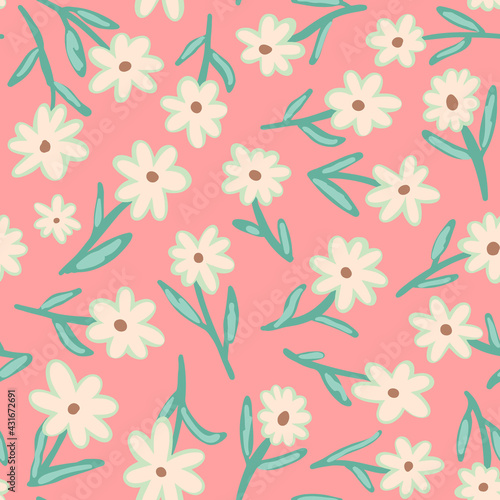 Cute Flower with Leaves Seamless Pattern. Floral Random Placed Vector All Over Print on Pink Background.