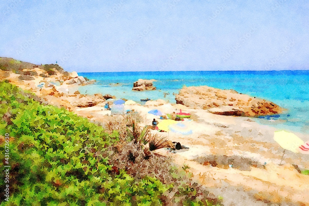 A glimpse of a beach with vacationers during a sunny summer day. Digital painting.