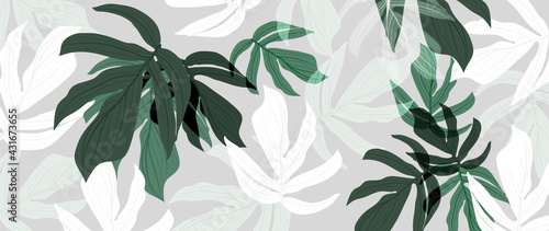 Abstract art tropical leaves background vector. Wallpaper design with watercolor art texture from palm leaves, Jungle leaves, monstera leaf, exotic botanical floral pattern. Design for banner, cover, 