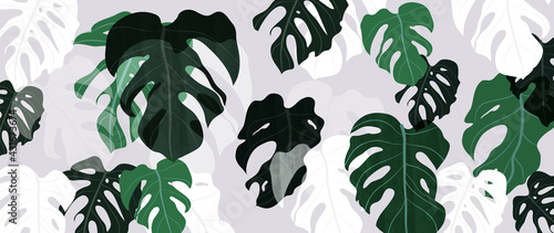 Abstract art tropical leaves background vector. Wallpaper design with watercolor art texture from palm leaves, Jungle leaves, monstera leaf, exotic botanical floral pattern. Design for banner, cover, 