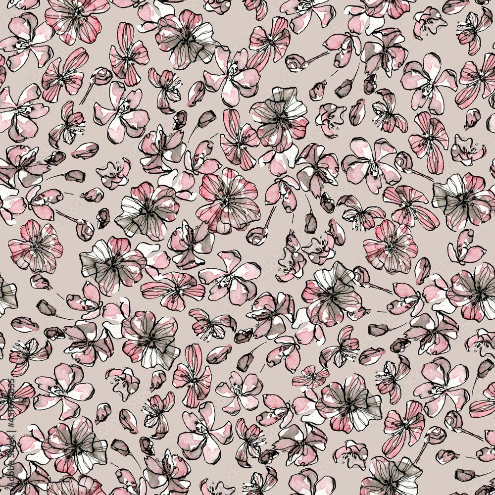 Watercolor pattern of blossom tree branches in Chinese painting style. Composition of cherry blossom on grey background. Watercolor pattern of blossom tree branches in Chinese painting style. Composition of cherry blossom on grey background.