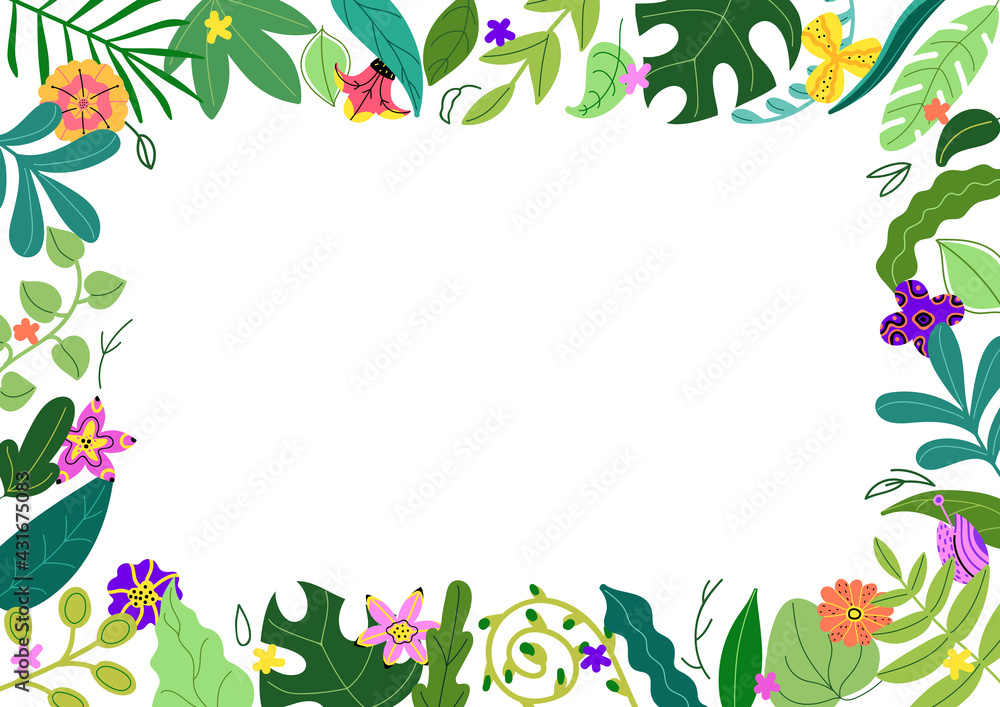 Horizontal rectangular frame of various green leaves and multicolored tropical flowers.Summer and spring floral border template, exotic and bright background. Vector illustration.