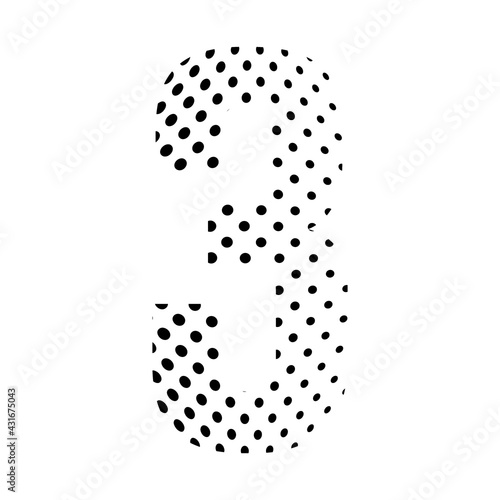 Number Three, 3 in halftone. Dotted illustration isolated on a white background. Vector illustration.