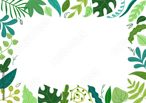 Horizontal rectangular frame made of various green leaves. Summer tropical border template,freshness of green foliage. Vector illustration.
