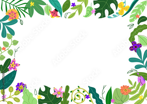 Horizontal rectangular frame of various green leaves and multicolored tropical flowers.Summer and spring floral border template, exotic and bright background. Vector illustration.