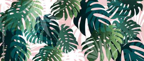 Abstract art tropical leaves background vector. Wallpaper design with watercolor art texture from palm leaves, Jungle leaves, monstera leaf, exotic botanical floral pattern. Design for banner, cover, 