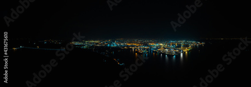 Photography Panorama Aerial view Containers cargo ship at night