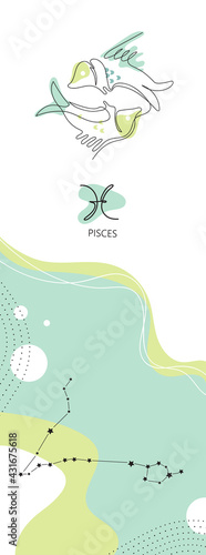 Zodiac background. Pisces constellation. The element of water. One line.