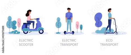 Men and women drive eco city transportation in public park city concept. Personal electric transport, green electro scooter, hoverboard, gyroscooter, unicycle and bike. Ecological vehicle set
