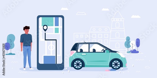 People using car sharing and rent service. Big smartphone screen with mobile app for online carsharing and carpooling travel with route and points location on a city map. Transportation vector concept