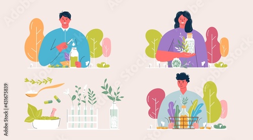 Cartoon people prepared organic natural homeopathic pills in glass jars. Homeopathy treatment banner, herbal alternative medicine, essential natural oil, herb pharmacy, food supplement. flat vector