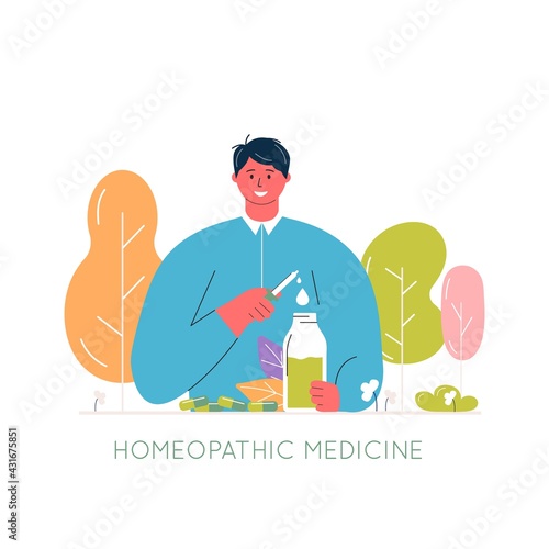 Cartoon people prepared organic natural homeopathic pills in glass jars. Homeopathy treatment banner, herbal alternative medicine, essential natural oil, herb pharmacy, food supplement. flat vector