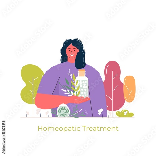 Cartoon people prepared organic natural homeopathic pills in glass jars. Homeopathy treatment banner, herbal alternative medicine, essential natural oil, herb pharmacy, food supplement. flat vector