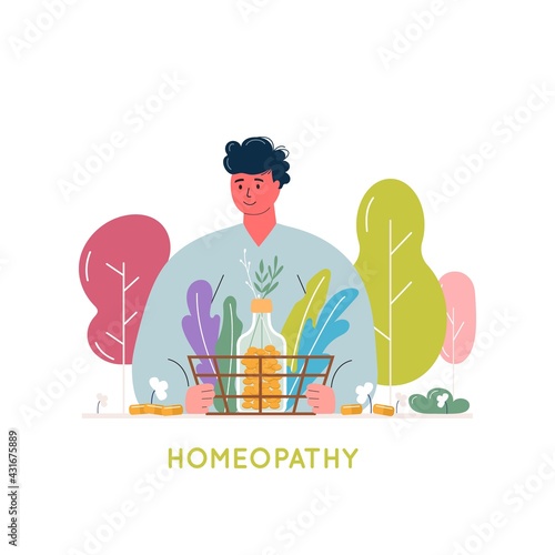 Cartoon people prepared organic natural homeopathic pills in glass jars. Homeopathy treatment banner, herbal alternative medicine, essential natural oil, herb pharmacy, food supplement. flat vector