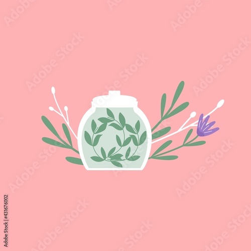 Green organic natural homeopathic pills in glass jars. Homeopathy treatment banner, herbal alternative medicine, essential natural oil, herb pharmacy, food supplement. flat vector