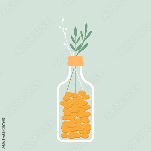 Green organic natural homeopathic pills in glass jars. Homeopathy treatment banner, herbal alternative medicine, essential natural oil, herb pharmacy, food supplement. flat vector