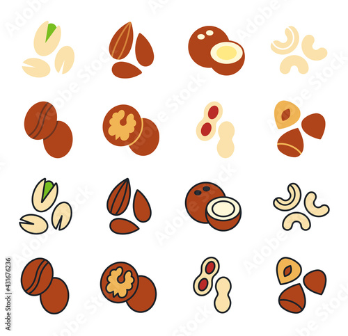 Nuts icon set. Vector linear flat color icons of nuts isolated on white. Almond cashew coffee hazelnut peanut pistachios walnut coconut collection. Modern design. Healthy food and vitamins