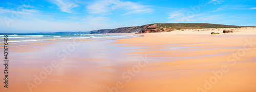 wide sandy Bordeira Beach  Portugal  tourist resort and surfers paradise West Algarve