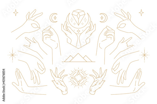 Female hands gestures collection of line art hand drawn style vector illustrations