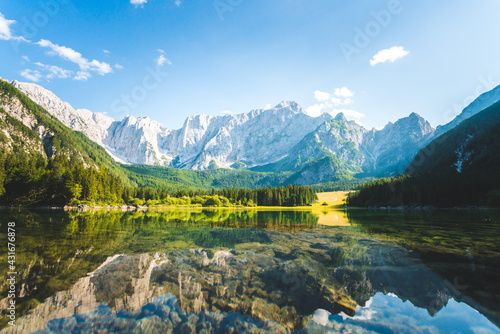 Fototapeta Naklejka Na Ścianę i Meble -  Beautiful view of Fusine Lakes, popular travel destination, Tarvisio, Udine province, Friuli Venezia Giulia region