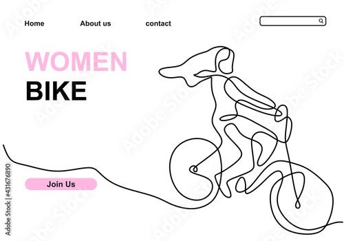 One single line drawing young happy woman ride bicycle to exercise in the street isolated on white background. Hand drawn design vector illustration for cycling competition poster