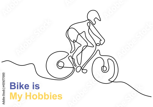 One continuous line drawing of young energetic male bicycle racer race at cycling track. Racing cyclist concept. Minimalist design line draw design for cycling tournament banner. Vector illustration
