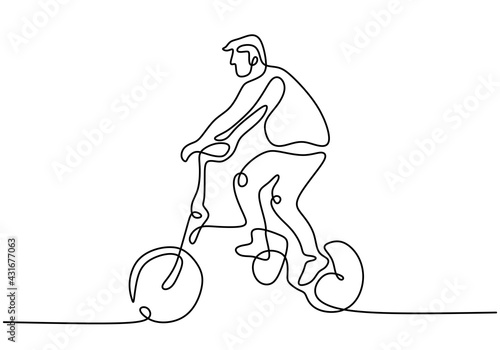 One continuous line drawing of young energetic man cycling ride folding bicycle to exercise. Healthy lifestyle concept lineart drawing vector illustration. Minimalist design on white background