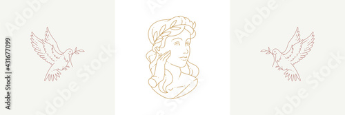 Woman bust and flying doves with olive branches in boho linear style vector illustrations set.