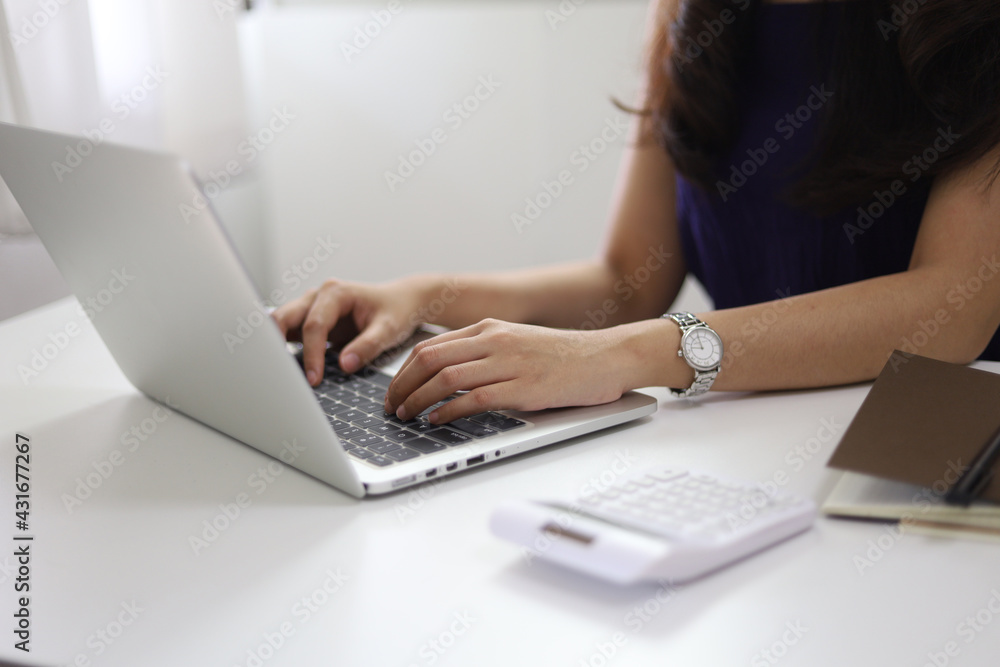 Fototapeta premium Coronavirus. Business woman working from home. Concept home quarantine prevention COVID-19 Coronavirus outbreak situation at home during coronavirus quarantine. Isolation at home to prevent 