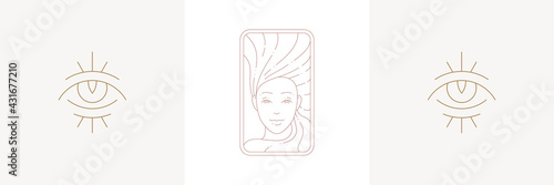 Magic woman and eye of wisdom in boho linear style vector illustrations set.