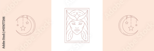 Magic woman face and moon crescent with stars in boho linear style vector illustrations set