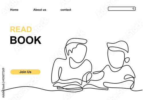 Two children read book continuous line drawing minimalism style. Two little boy read a book to study together. Back to school theme isolated on white background. Vector illustration