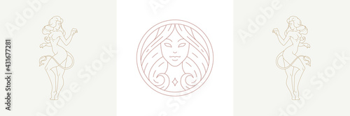 Magic woman head and female leo zodiac in boho linear style vector illustrations set