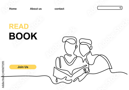 Two children read book continuous line drawing minimalism style. Two little boy read a book to study together. Back to school theme isolated on white background. Vector illustration