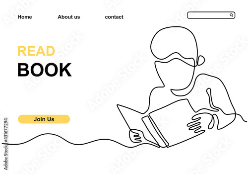 Continuous line drawing of a boy reading a book. Young teenager boy sit and read a book at library. The concept of education studies isolated on white background. Vector illustration