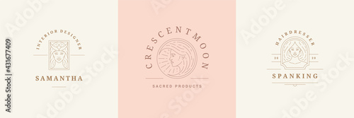 Feminine logos emblems design templates set with magic female portraits vector illustrations minimal linear style.