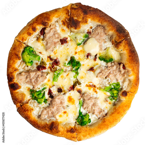 Isolated chicken pizza with broccoli on the white background
